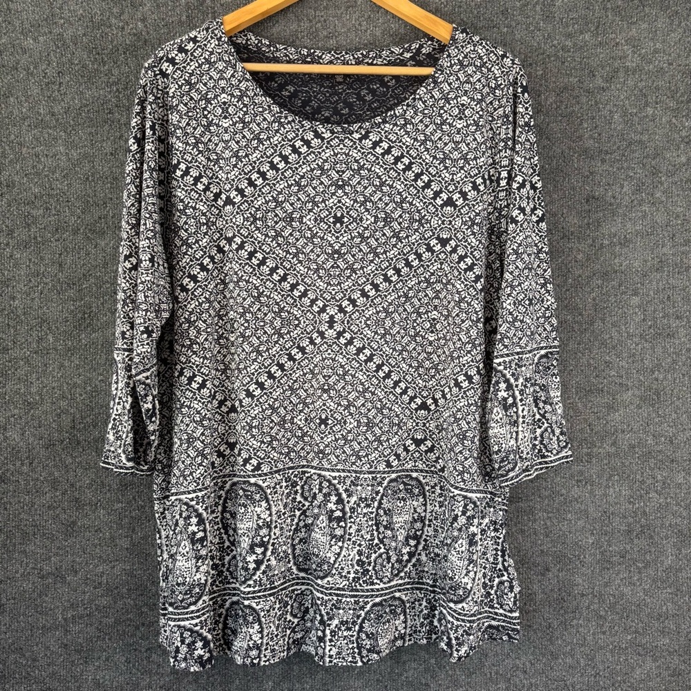 Lucky Brand Womens Floral Paisley Top Size 2X Black White 3/4 Sleeve